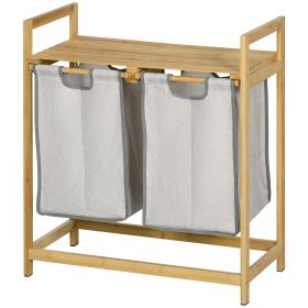 HOMCOM Bamboo Laundry Basket, Double Laundry Hamper with Shelf, 2 Pull-Out and Removable Bags, Natural Wood and Dark Gray