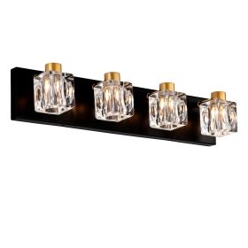 4-Light Matte Black + Gold Bathroom Light Fixtures, Modern Vanity Lights with Crystal Glass Shade