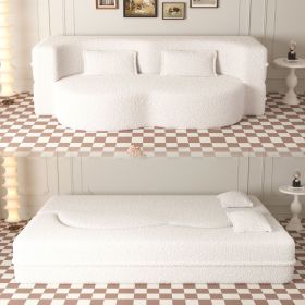 Modern Floor Sofa with 2 Pillows,Convertible Teddy Fabric Foam-Filled Sleeper Sofa Bed,15" Full Size Folding Mattress for Living Room,Guest Bed