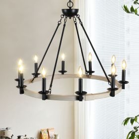Rustic Farmhouse 10-Light Candle Chandelier, Black Metal and Wood Round Hanging Light Fixture for Dining Room, Kitchen, Living Room, Adjustable H